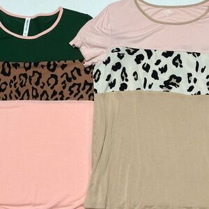 Tickled Teal Leopard and Color Block Short Sleeve Tops XL Bundle of 2